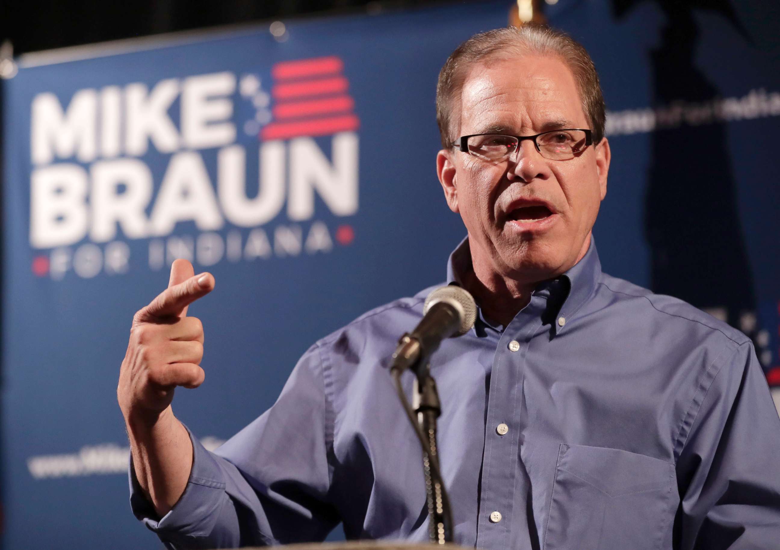 PHOTO: Republican Senate candidate Mike Braun thanks supporters after winning the republican primary in Whitestown, Ind., May 8, 2018.