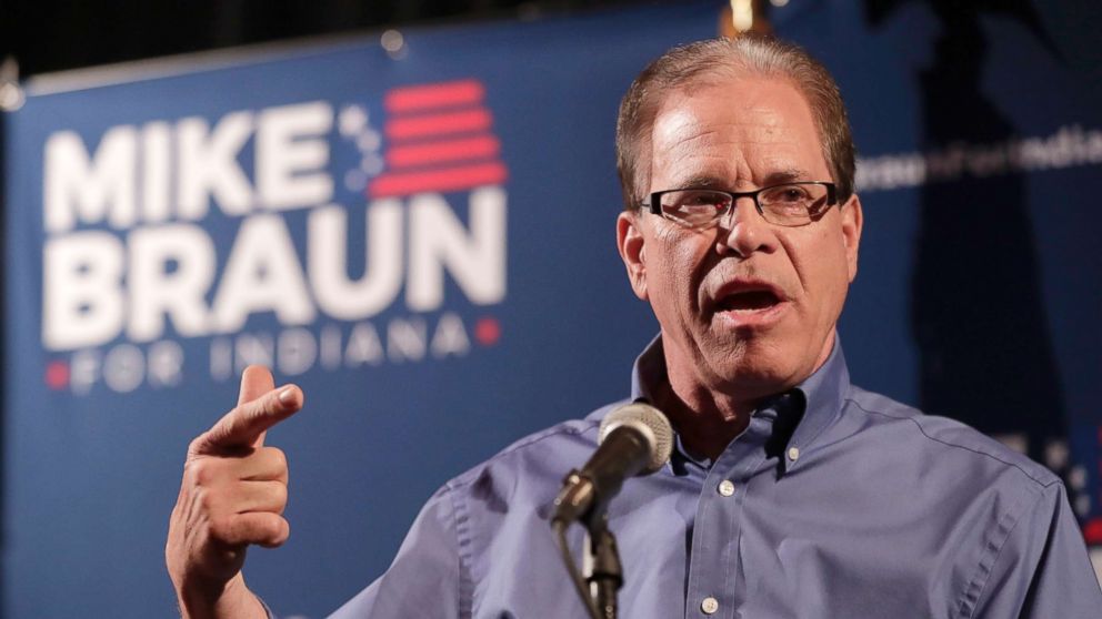 PHOTO: Republican Senate candidate Mike Braun thanks supporters after winning the republican primary in Whitestown, Ind., May 8, 2018.