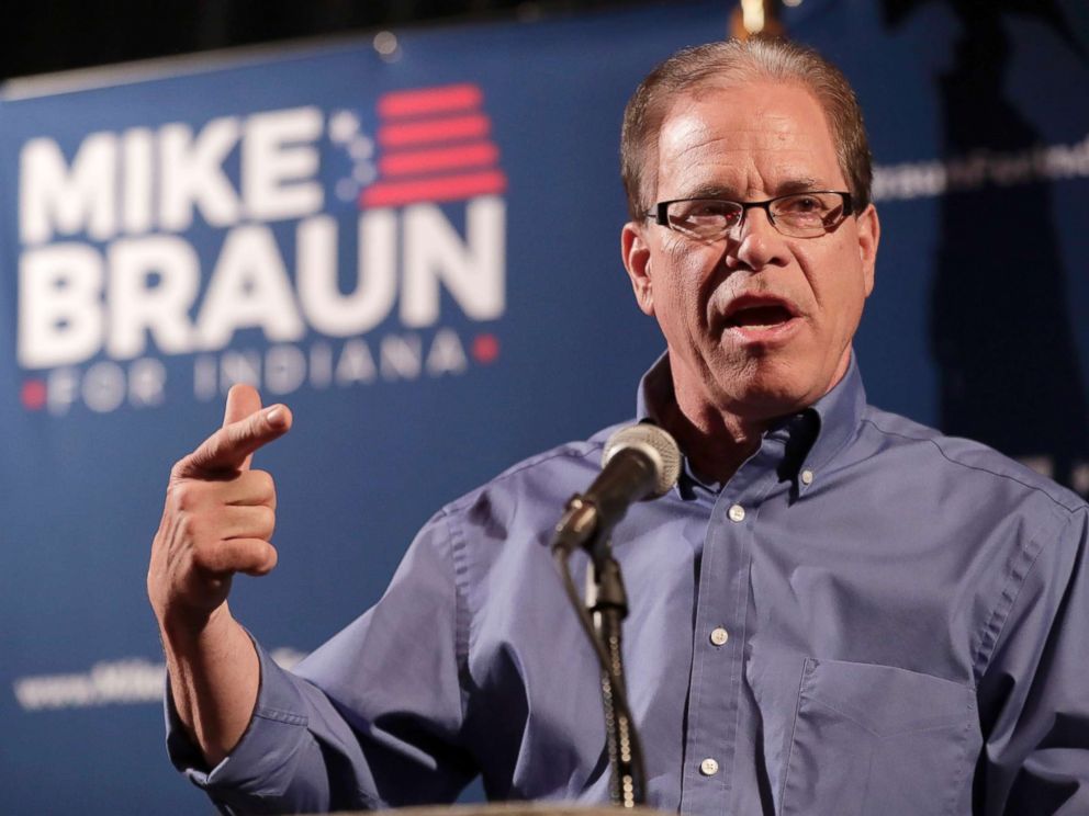 PHOTO: Republican Senate candidate Mike Braun thanks supporters after winning the republican primary in Whitestown, Ind., May 8, 2018.