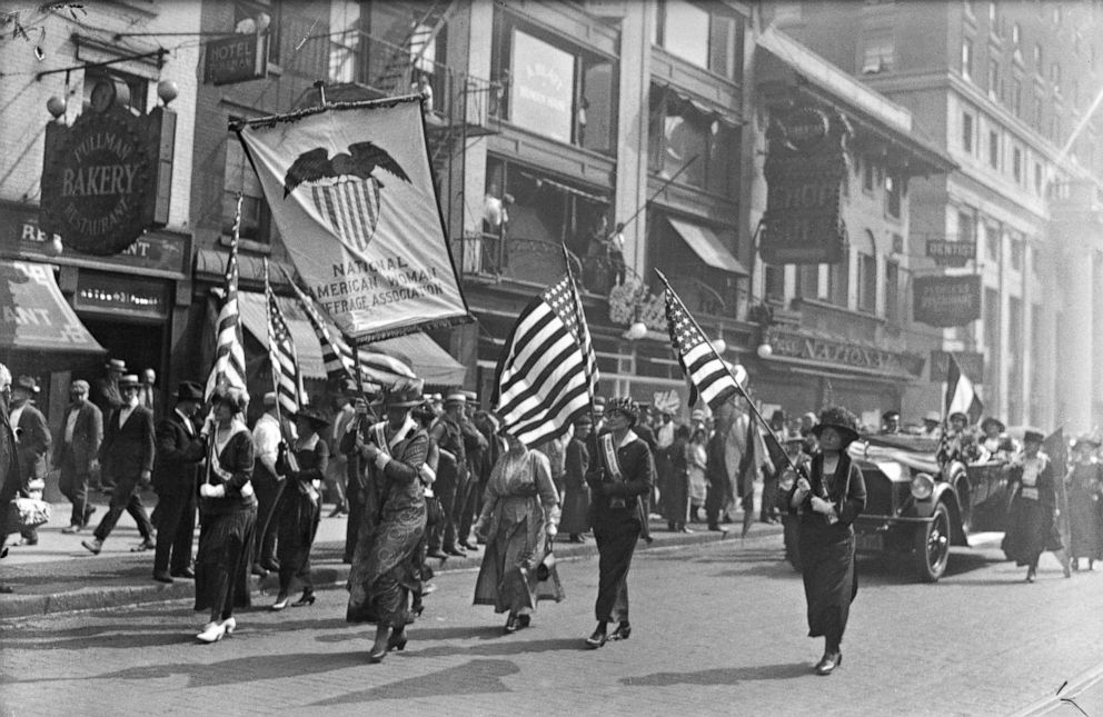 PHOTO: Members of the American National Woman Suffrage Association marching from Pennsylvania Terminal to their headquarters, Aug. 28, 1920.
