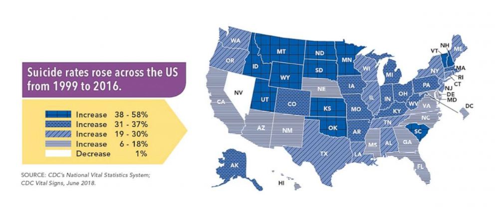 PHOTO: A graphic released by the Centers for Disease Control in June 2018 shows rising suicide rates across the U.S. between 1999 and 2016.