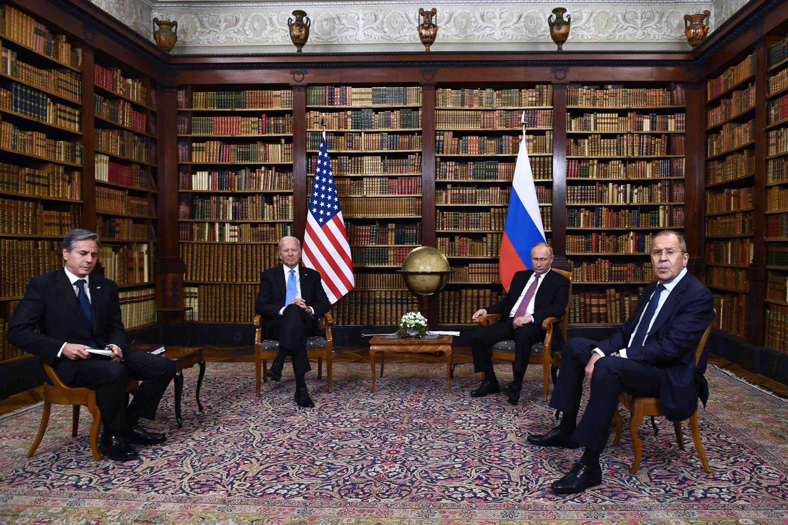 PHOTO: From left, Secretary of State Antony Blinken, President Joe Biden, Russian President Vladimir Putin and Russian Foreign Minister Sergei Lavrov have their photos taken ahead of the US-Russia summit at the Villa La Grange, in Geneva on June 16, 2021.