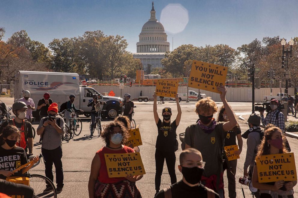 PHOTO: Protesters with the Sunrise Movement, a group that aims to combat climate change and supports the Green New Deal, protest near the Capitol in Washington, Nov. 4, 2020.