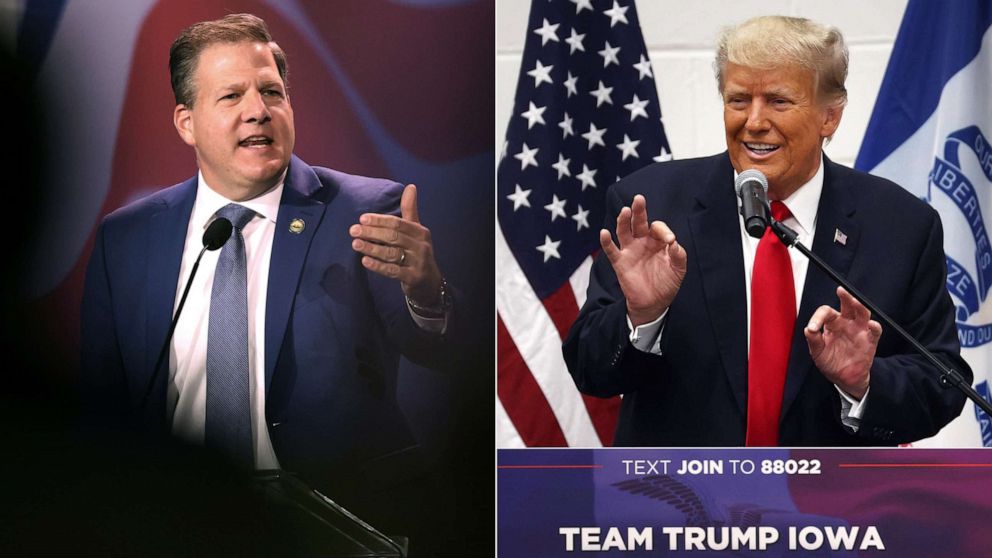 PHOTO: New Hampshire Gov. Chris Sununu speaks on Nov. 19, 2022 in Las Vegas; and former President Donald Trump greets supporters on June 1, 2023 in Grimes, Iowa.