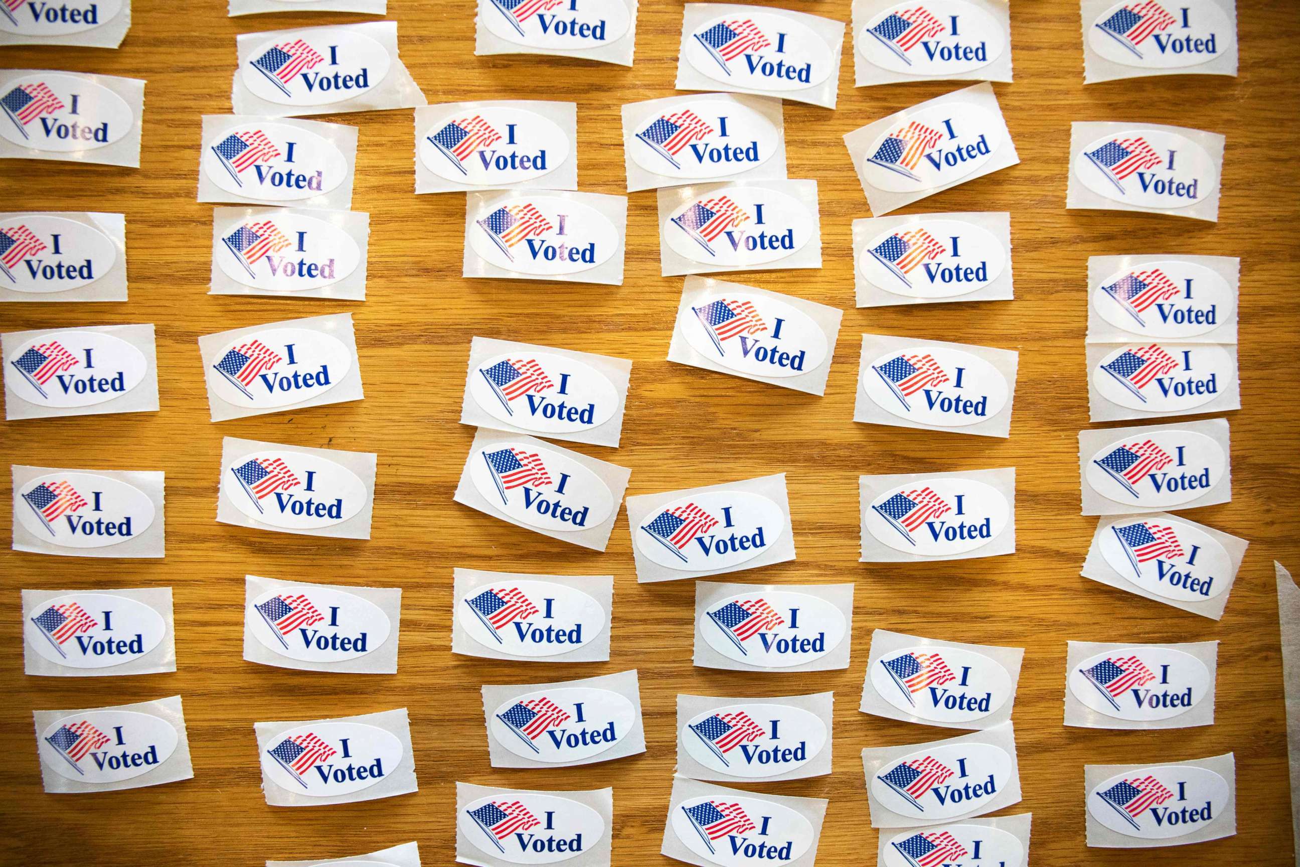PHOTO: "I Voted" stickers cover a table at a polling station during the North Carolina primary on Super Tuesday in Charlotte, N.C. on March 3, 2020.