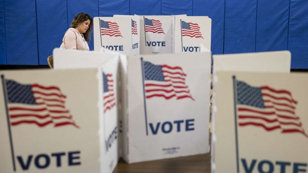 PHOTO: A woman marks down her vote for the Democratic presidential primary election at a polling place in Armstrong Elementary School on Super Tuesday, March 3, 2020, in Herndon, Va.