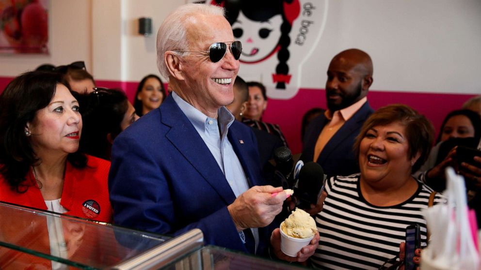 PHOTO: Democratic presidential candidate and former Vice President Joe Biden gets ice-cream at La Michoacana during the state's Democratic presidential primary election on Super Tuesday in Los Angeles, March 3, 2020.