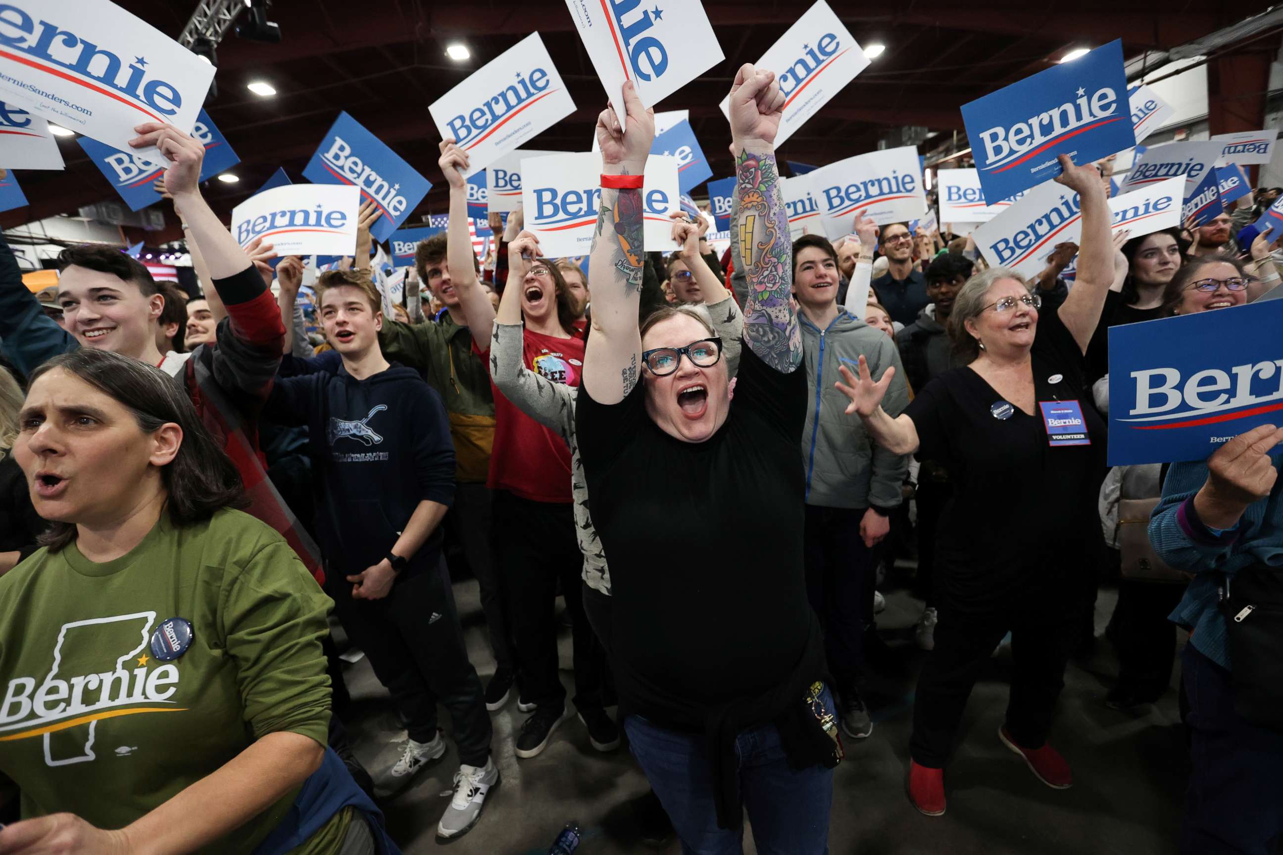 PHOTO: Supporters of Democratic presidential candidate Sen. Bernie Sanders cheer for early results at his Super Tuesday night rally in Essex Junction, Vt., March 3, 2020.