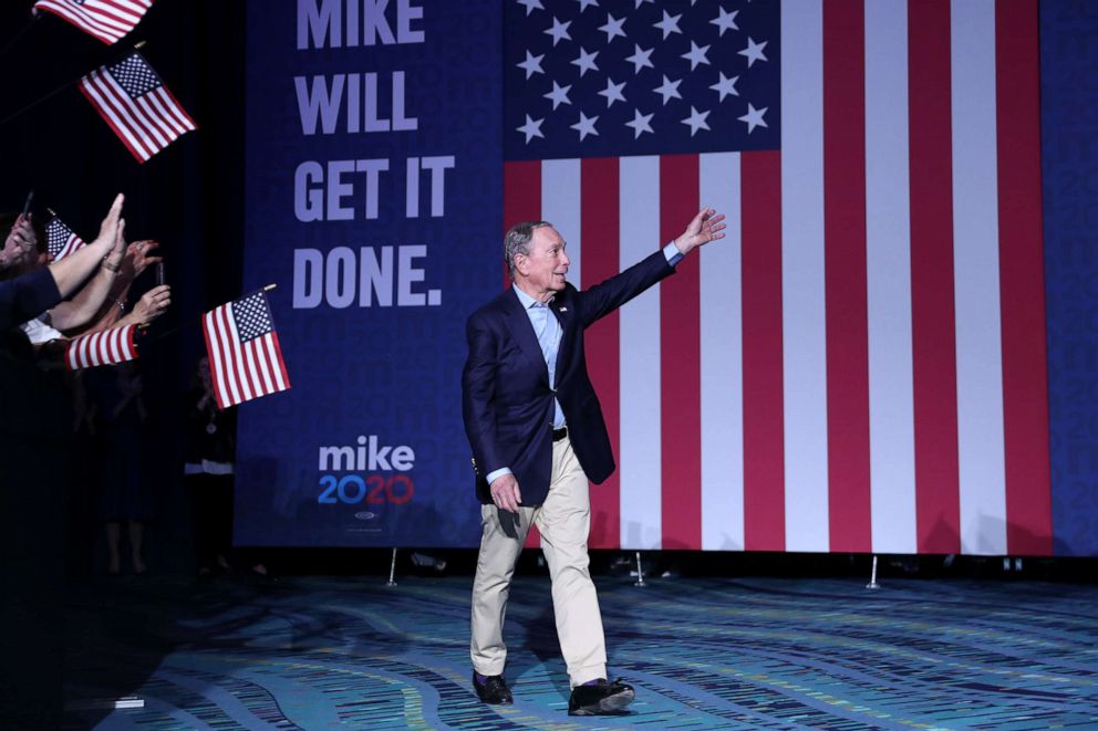 PHOTO: Democratic presidential candidate former New York City Mayor Mike Bloomberg walks out before speaking at his Super Tuesday night event on March 03, 2020, in West Palm Beach, Fla.