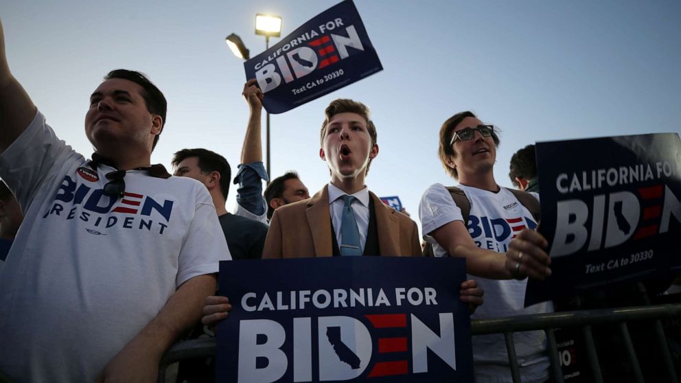 PHOTO: Joe Biden supporters hold signs ahead of Biden's Super Tuesday night event on March 03, 2020, in Los Angeles.