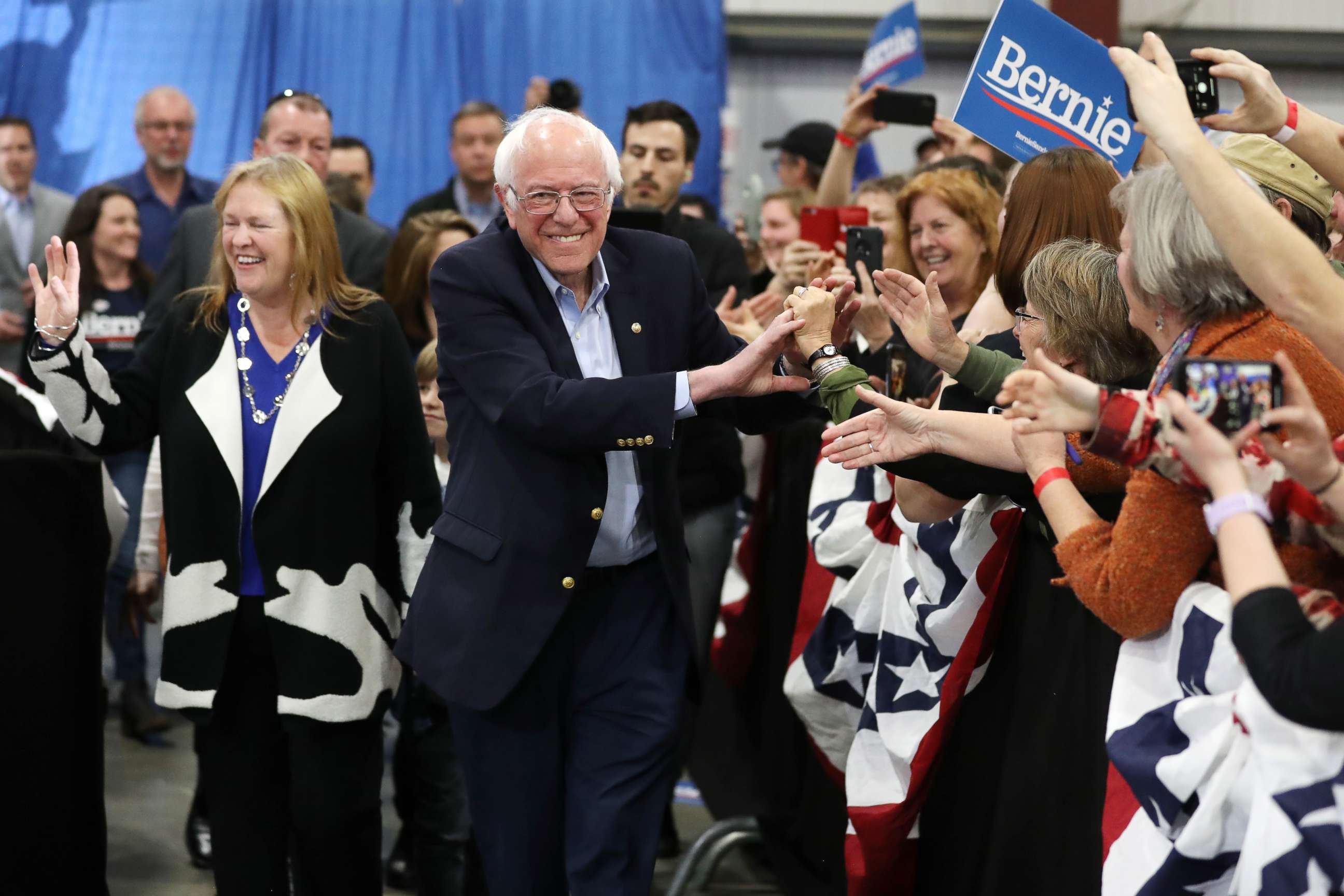 PHOTO: Democratic presidential candidate Sen. Bernie Sanders greets supporters at his Super Tuesday night event on March 03, 2020, in Essex Junction, Vt.