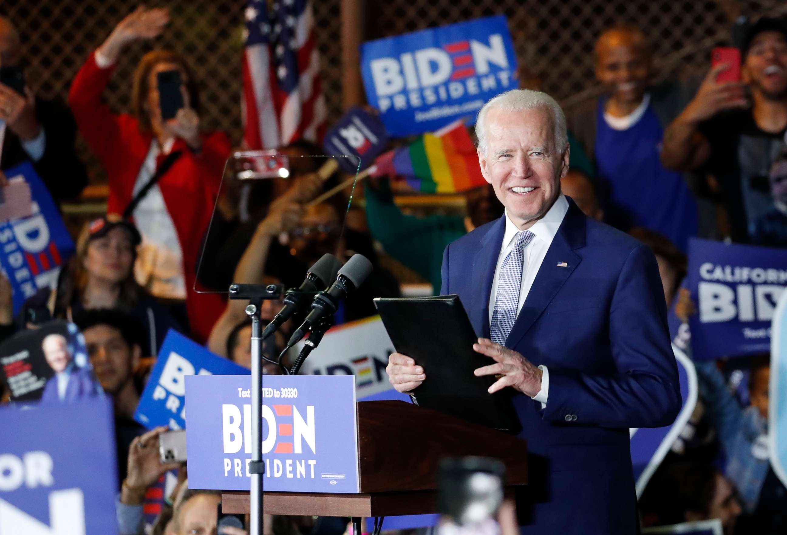 PHOTO: Democratic presidential candidate and former Vice President Joe Biden appears at his Super Tuesday night rally in Los Angeles, March 3, 2020.