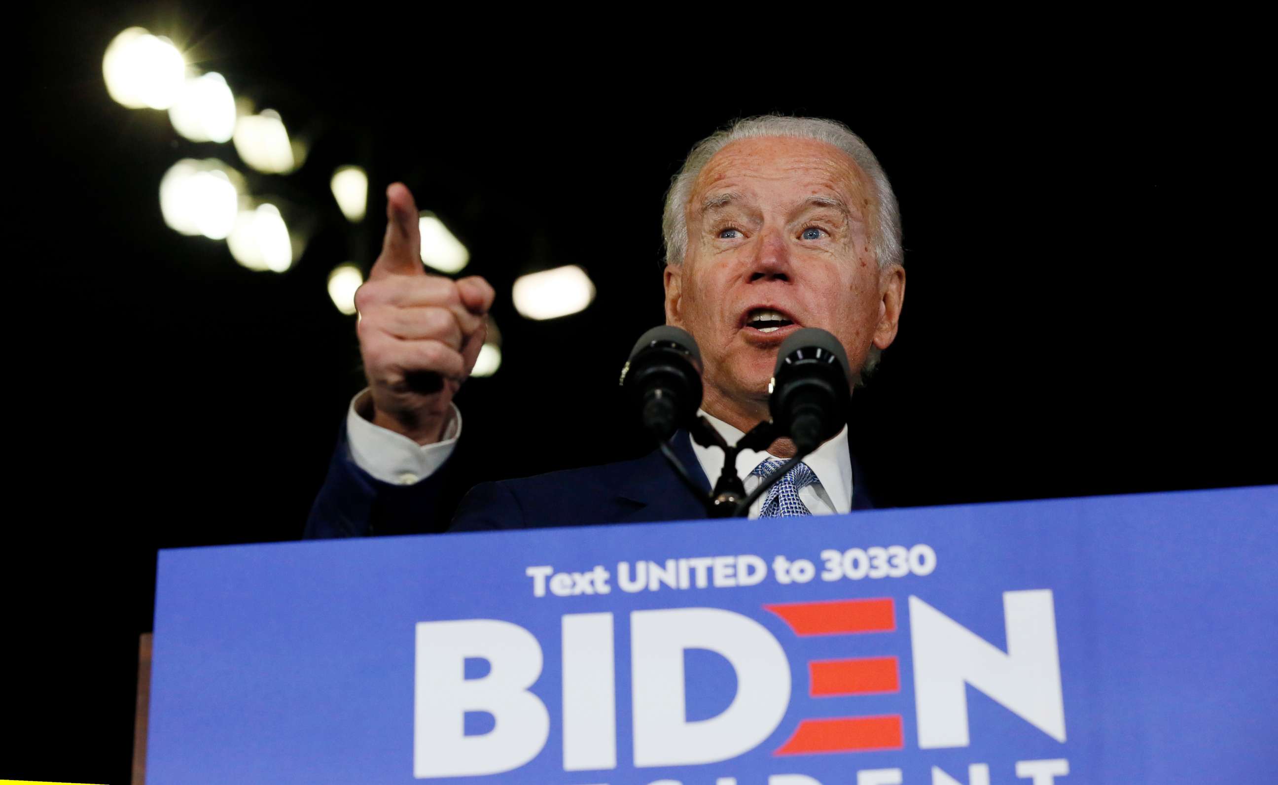 PHOTO: Democratic presidential candidate and former Vice President Joe Biden addresses supporters at his Super Tuesday night rally in Los Angeles, March 3, 2020.