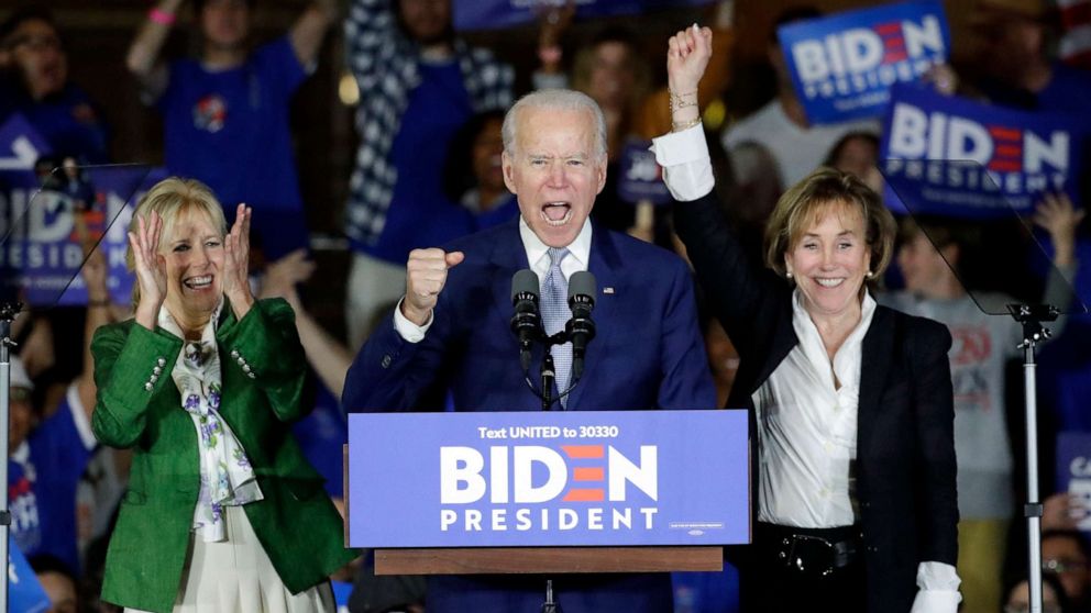 PHOTO: Democratic presidential candidate former Vice President Joe Biden speaks at a primary election night campaign rally Tuesday, March 3, 2020, in Los Angeles.