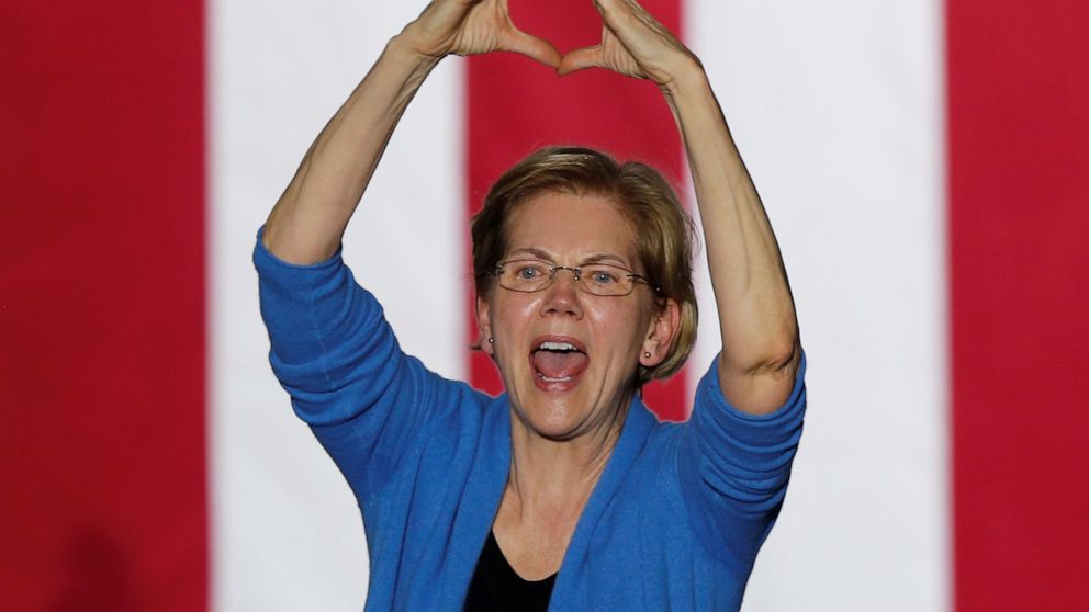 PHOTO: Democratic presidential candidate Sen. Elizabeth Warren makes a heart gesture as she addresses supporters at her Super Tuesday night rally in Detroit, March 3, 2020.