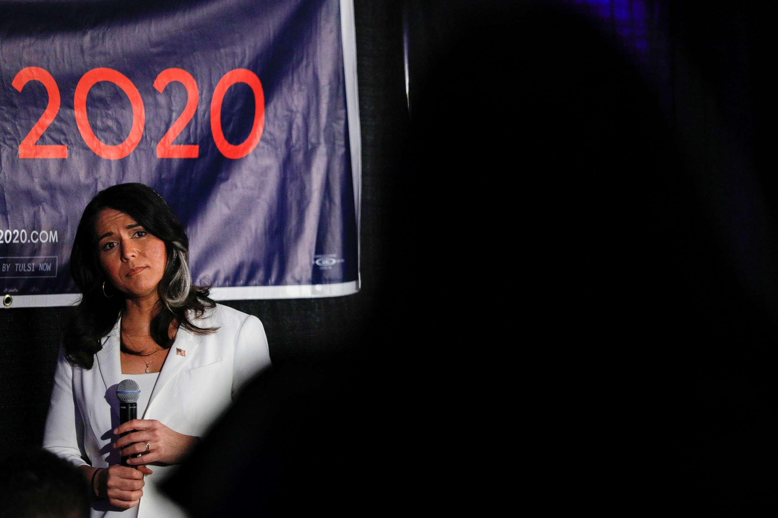 PHOTO: Democratic presidential candidate Rep. Tulsi Gabbard listens to a question at a Town Hall meeting on Super Tuesday, March 3, 2020, in Detroit.