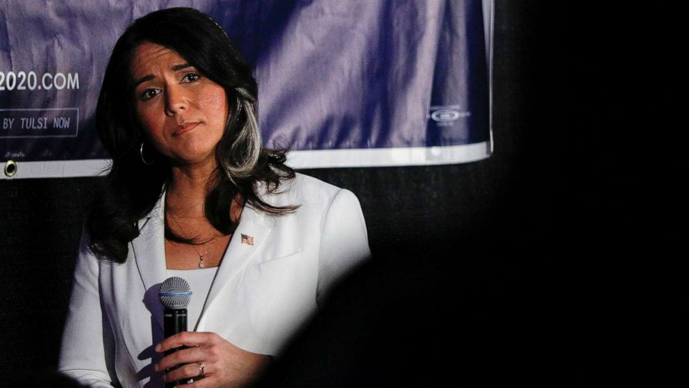 PHOTO: Democratic presidential candidate Rep. Tulsi Gabbard listens to a question at a Town Hall meeting on Super Tuesday, March 3, 2020, in Detroit.