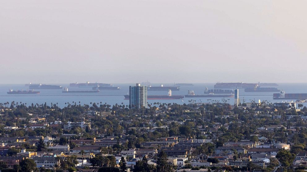 PHOTO: Container ships wait off the coast of the congested ports of Los Angeles and Long Beach, in Long Beach, Calif., Sept. 29, 2021.