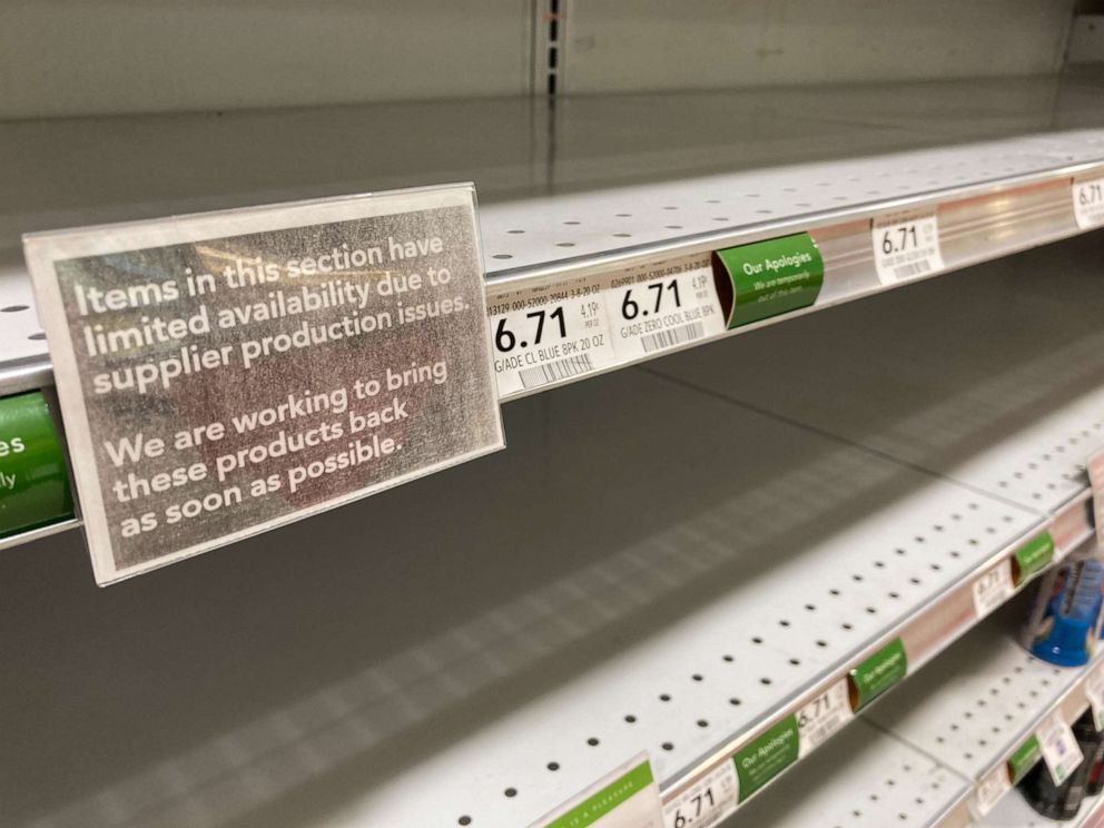 PHOTO: Shelves, empty "due to supplier production issues," are shown in a grocery store, Wednesday, Dec. 15, 2021, in Surfside, Fla.