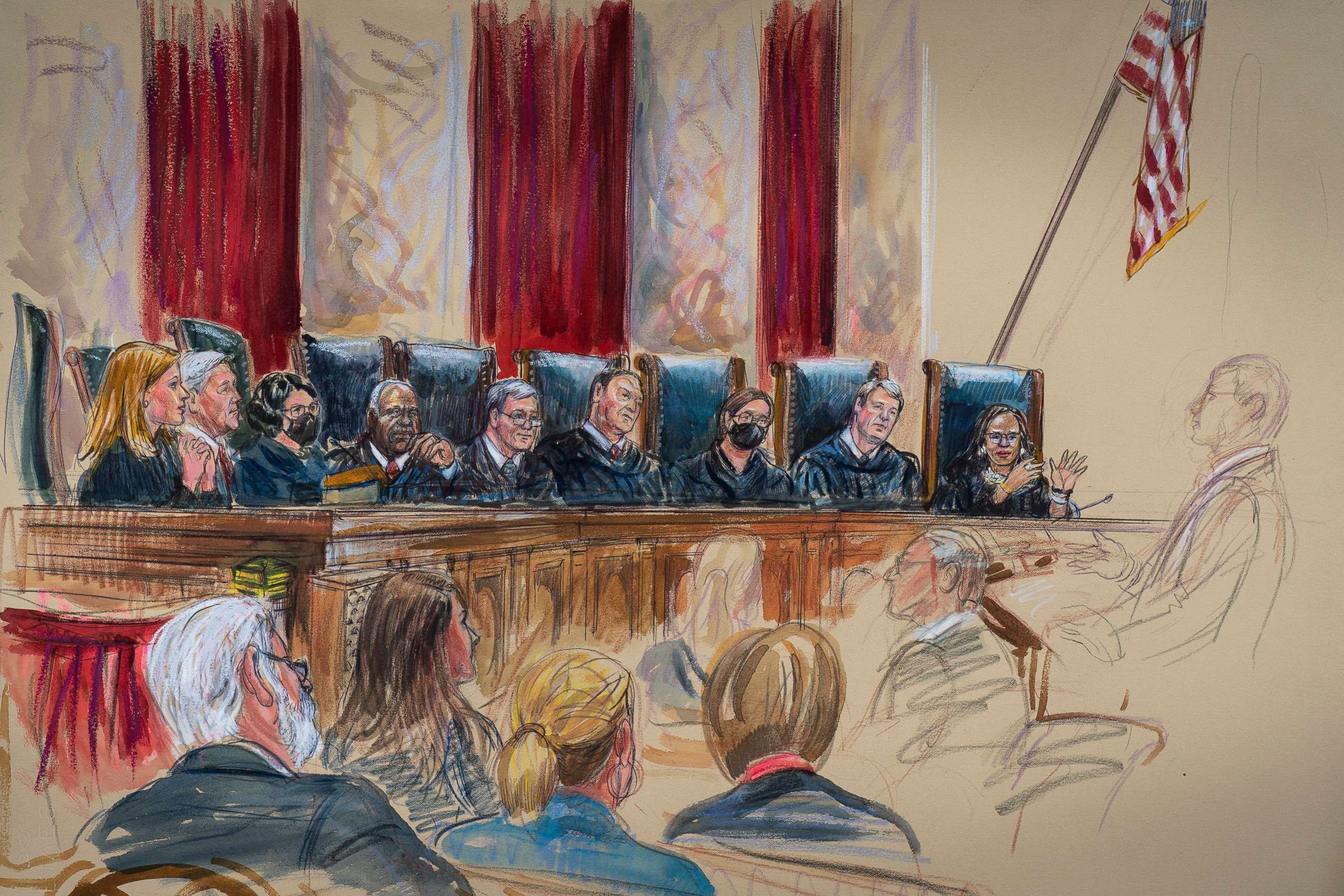 PHOTO: In this drawing by court artist Dana Verkouteren, the Supreme Court, joined by new Justice Ketanji Brown Jackson, the court's first Black female justice, hears arguments on the opening day of its new term, Oct. 3, 2022. 