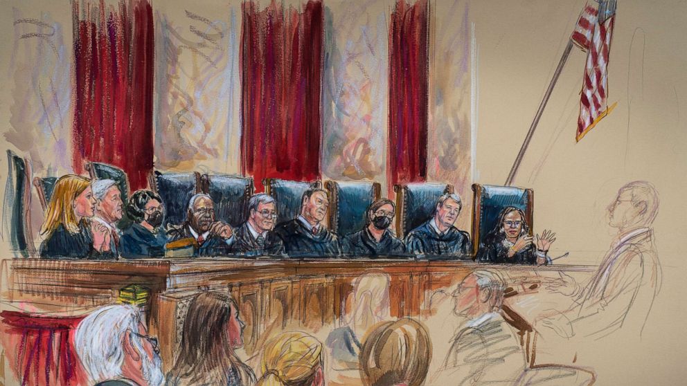 PHOTO: In this drawing by court artist Dana Verkouteren, the Supreme Court, joined by new Justice Ketanji Brown Jackson, the court's first Black female justice, hears arguments on the opening day of its new term, Oct. 3, 2022. 