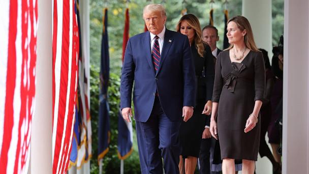 President Donald Trump arrives to introduce 7th U.S. Circuit Court Judge Amy Coney Barrett as his nominee to the Supreme Court in the Rose Garden at the White House, Sept. 26, 2020.