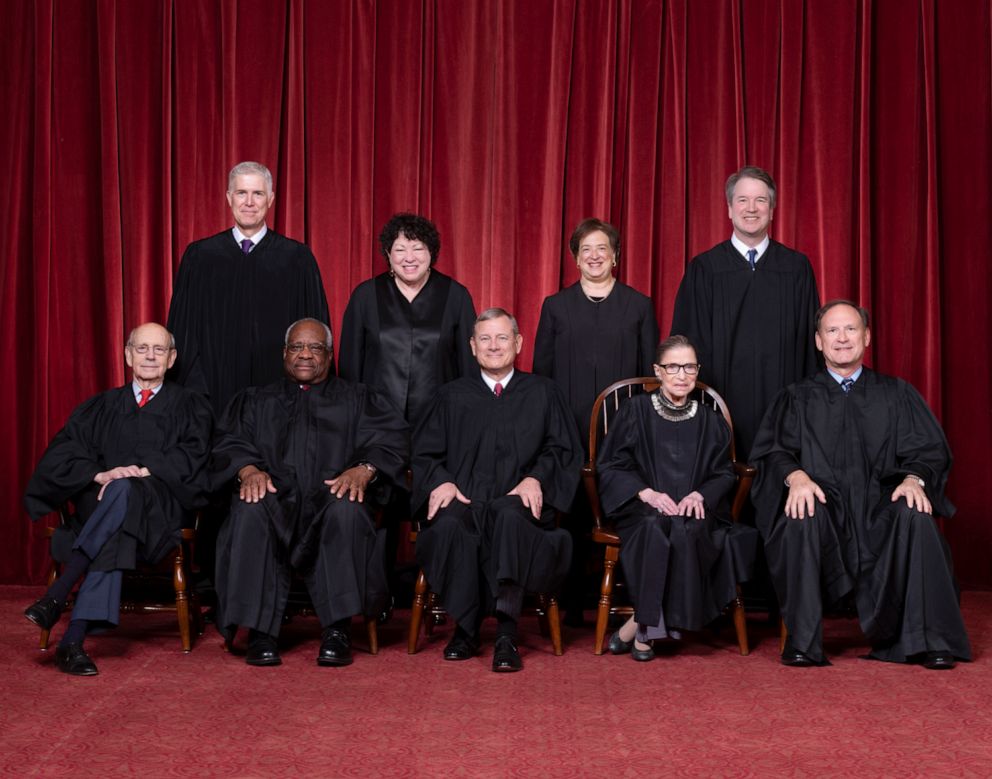 PHOTO: Justices  Stephen G. Breyer and Clarence Thomas, Chief Justice John G. Roberts, Jr., and Justices Ruth Bader Ginsburg and  Samuel A. Alito. Top Row: Justices Neil M. Gorsuch, Sonia Sotomayor, Elena Kagan, and Brett M. Kavanaugh.
