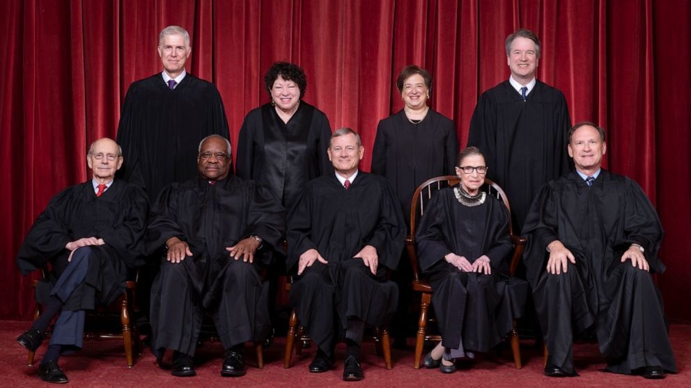 PHOTO: L-R,Justices Stephen G. Breyer and Clarence Thomas, Chief Justice John G. Roberts, Jr., and Justices Ruth Bader Ginsburg and  Samuel A. Alito. Standing, L-R, Justices Neil M. Gorsuch, Sonia Sotomayor, Elena Kagan,and Brett M. Kavanaugh.  