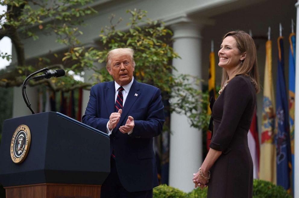 PHOTO: President Donald Trump announces his Supreme Court nominee, Judge Amy Coney Barrett, in the Rose Garden of the White House, Sept. 26, 2020.