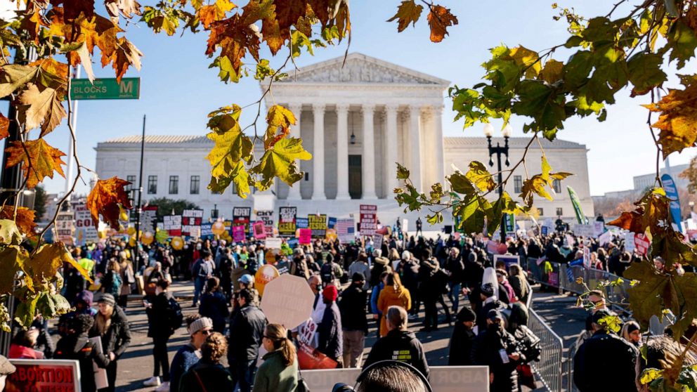 PHOTO: Abortion rights advocates and anti-abortion protesters demonstrate in front of the U.S. Supreme Court, Dec. 1, 2021.