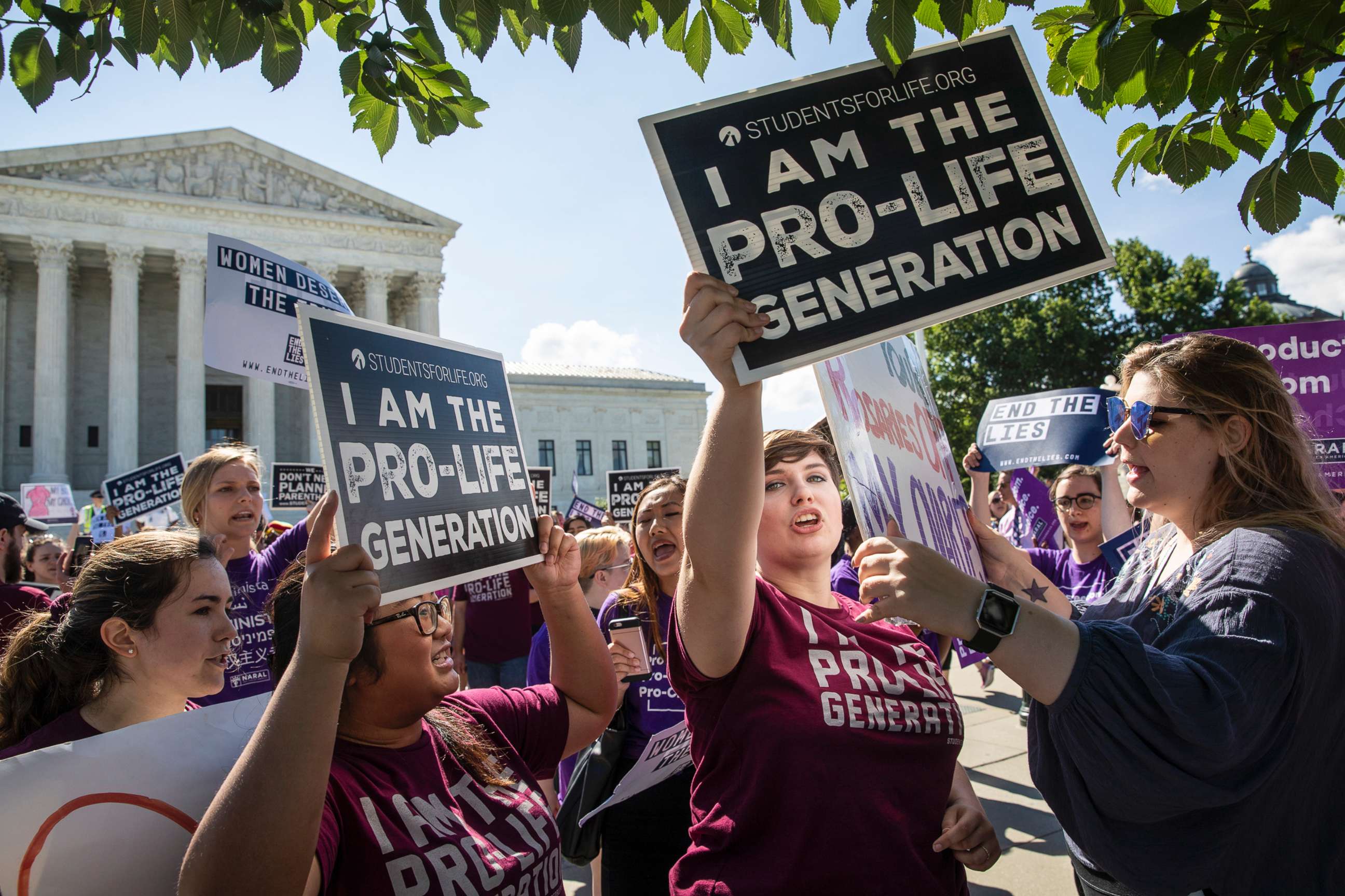 PHOTO: Pro-life and anti-abortion advocates demonstrate in front of the Supreme Court, June 25, 2018.