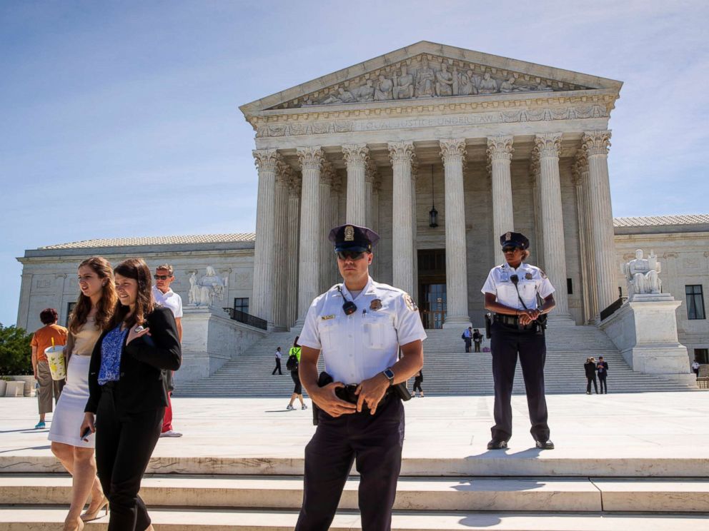 PHOTO: Visitors depart the Supreme Court early Monday, June 25, 2018.