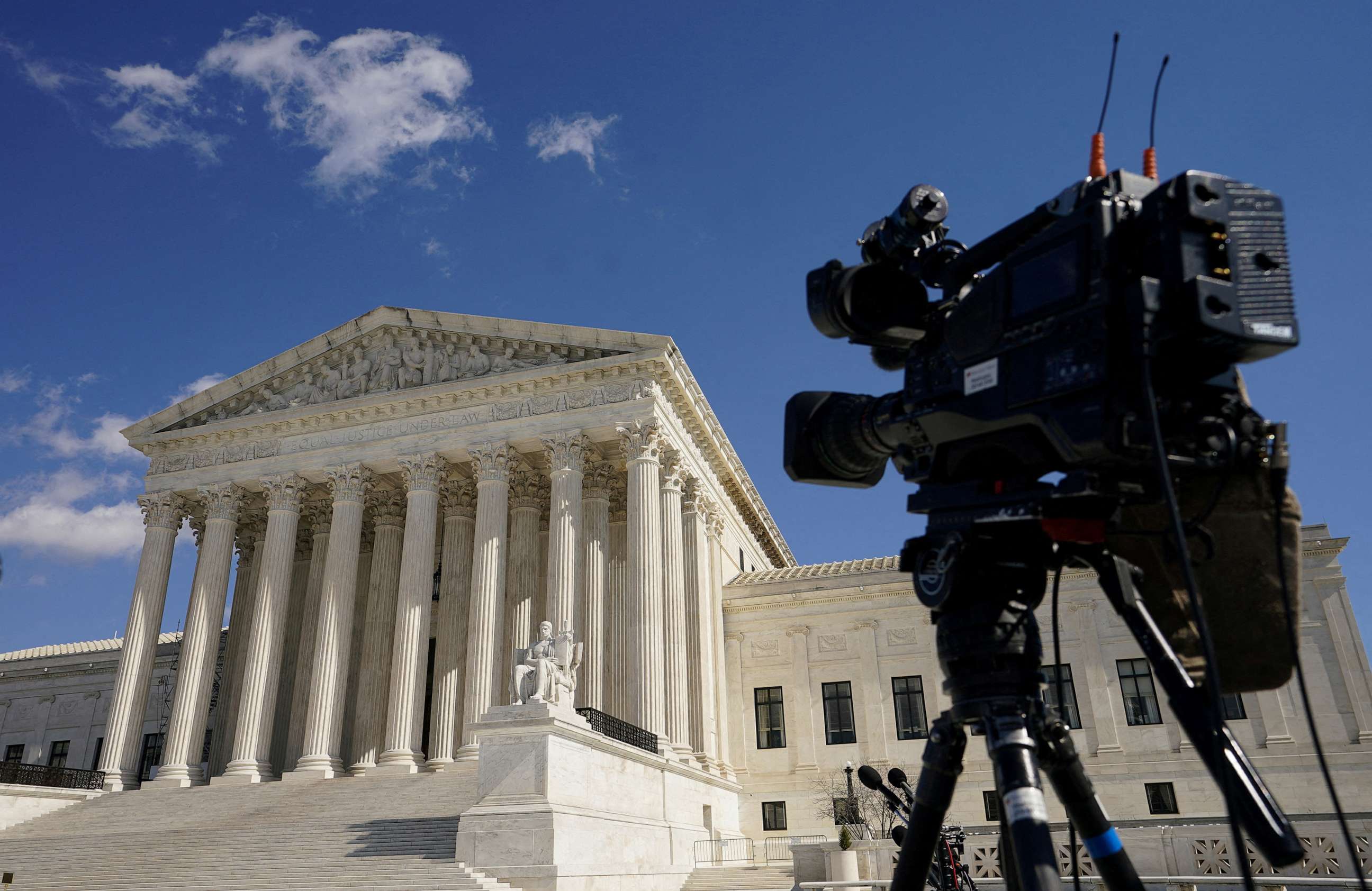 PHOTO: In this Feb. 21, 2023, file photo, a TV camera points to the U.S. Supreme Court in Washington, D.C.