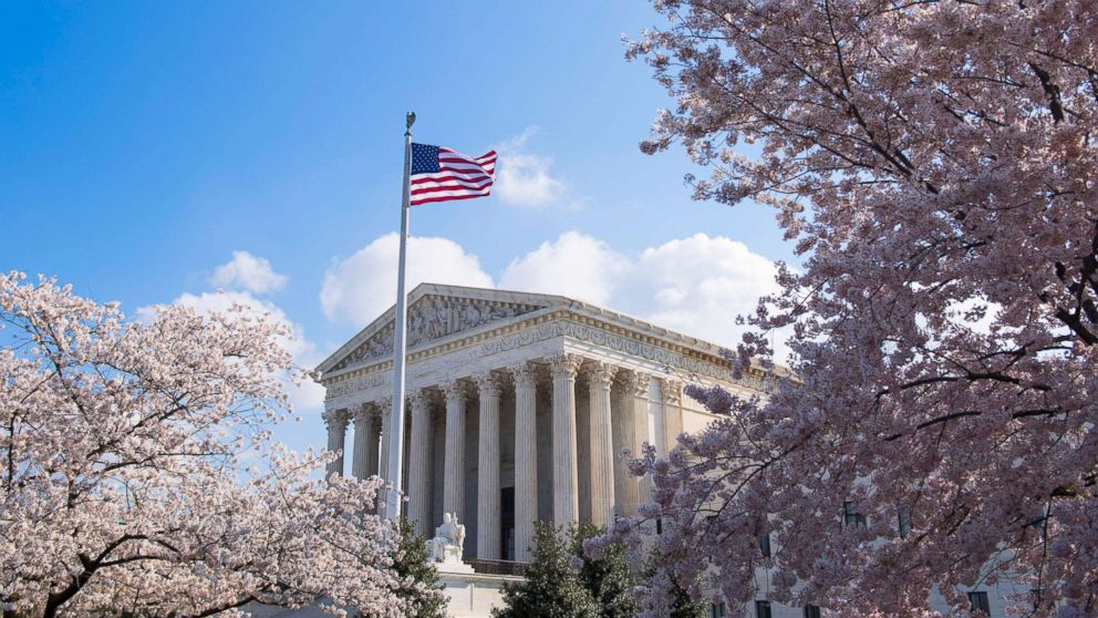 PHOTO: Cherry blossoms frame the U.S. Supreme Court building in Washington, April 10, 2018. 