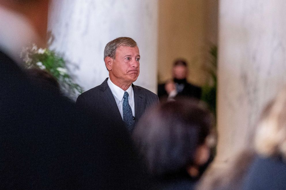 PHOTO: Chief Justice of the United States John Roberts speaks during a private ceremony in honor of Justice Ruth Bader Ginsburg at the Supreme Court in Washington, Sept. 23, 2020.