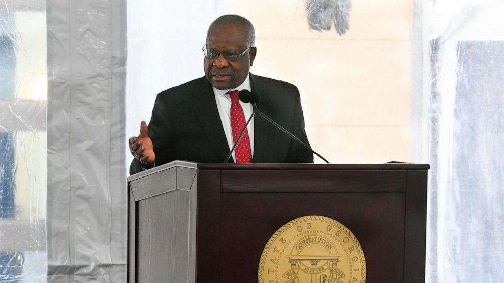 PHOTO: Supreme Court Associate Justice Clarence Thomas attends a dedication in Atlanta, Feb. 11, 2020. 