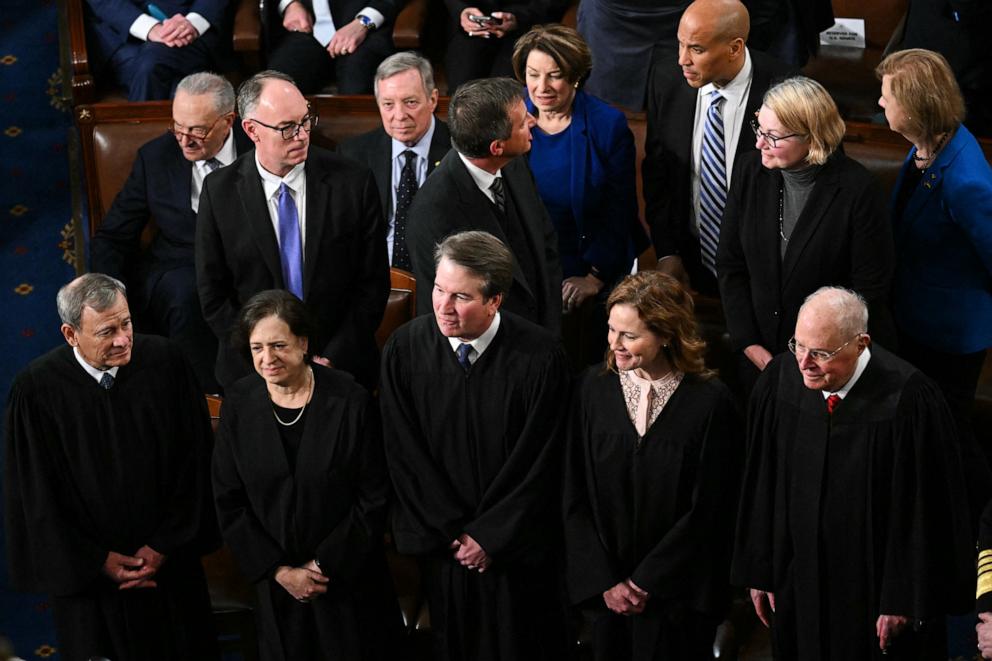PHOTO: (L-R) US Supreme Court John Roberts, Elena Kagan, Brett Kavanaugh, Amy Coney Barrett and Anthony Kennedy arrive for President Donald Trump's address to a joint session of Congress at the US Capitol in Washington, DC, on March 4, 2025.