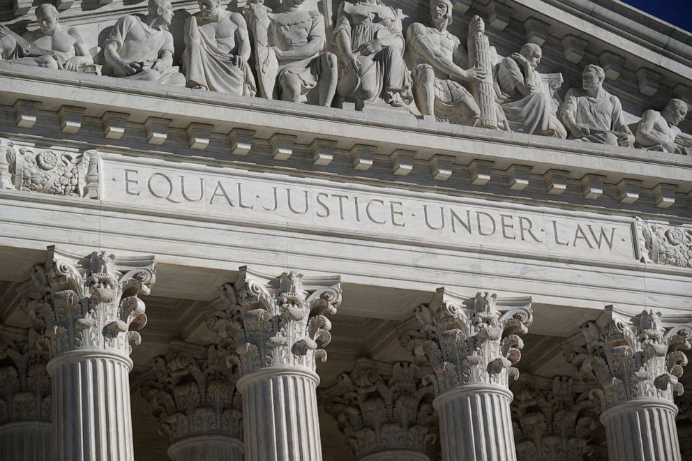 PHOTO: "Equal Justice Under Law," referring to the 14th Amendment to the U.S. Constitution, is inscribed on the front of the U.S. Supreme Court building in Washington, Nov. 4, 2020.