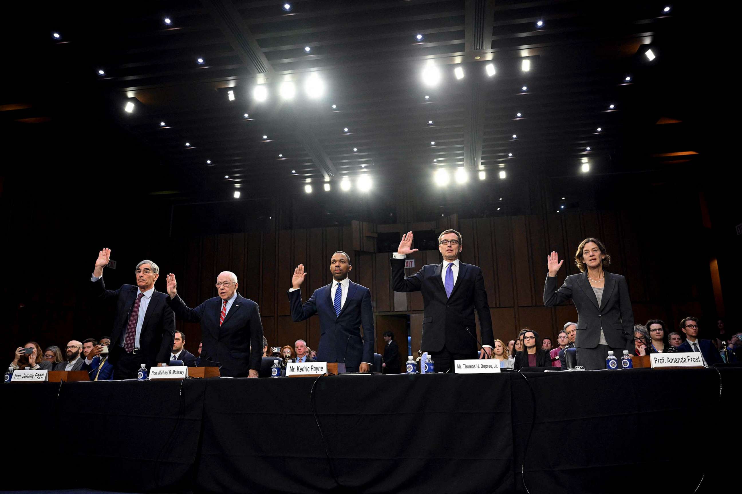 PHOTO: Former US district judge Jeremy Fogel, former US Attorney General and former US District Judge for the Southern District of NY Michael Mukasey, Kedric Payne, Vice President, General Counsel, and Senior Director of Ethics at Campaign