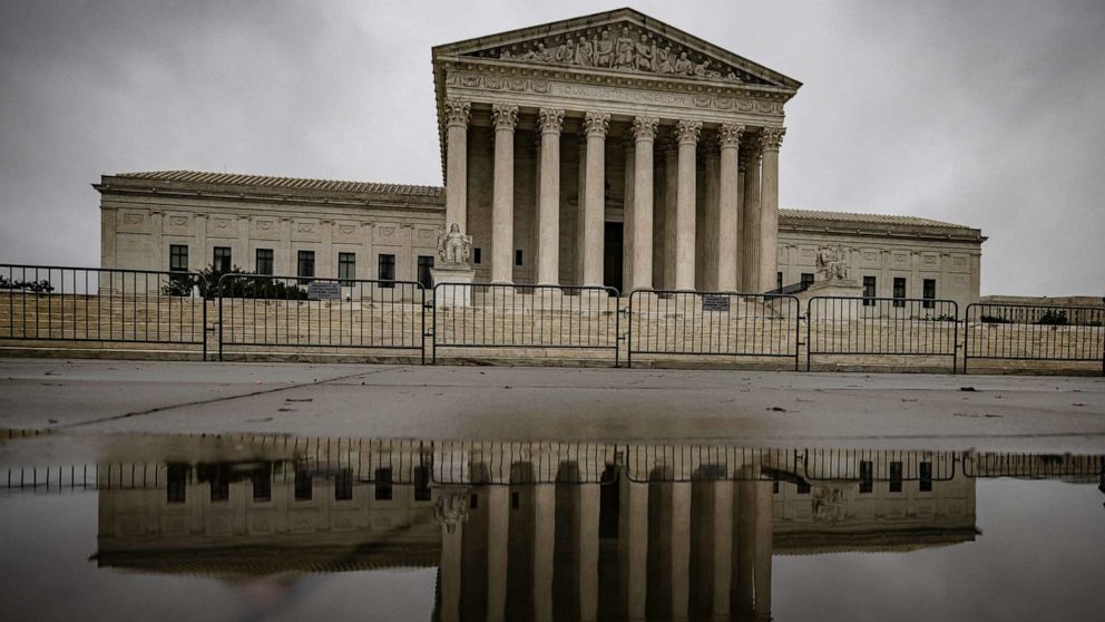 PHOTO: The U.S. Supreme Court is reflected on the wet ground in Washington, Oct. 12, 2020.