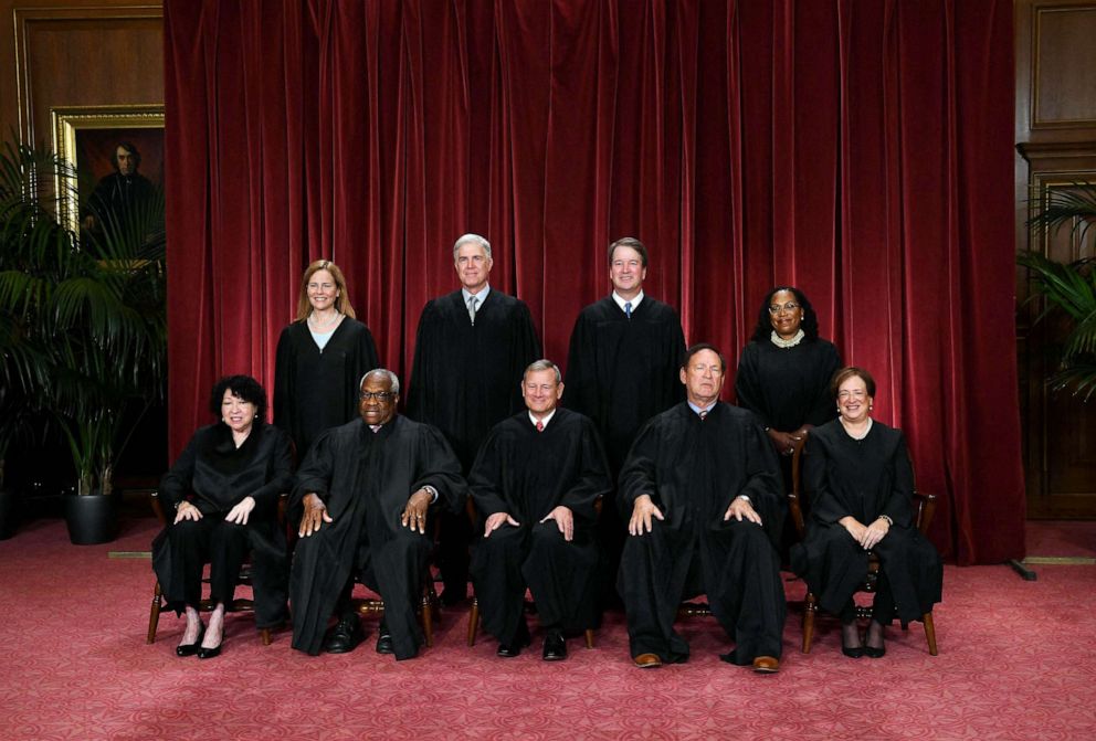 PHOTO: FILE - Justices of the US Supreme Court pose for their official photo at the Supreme Court in Washington, DC, Oct. 7, 2022.