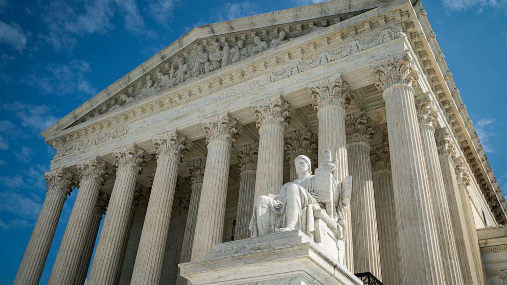 PHOTO: The Guardian or Authority of Law, created by sculptor James Earle Fraser, sits on the side of the U.S. Supreme Court on Sept. 28, 2020 in Washington, D.C.
