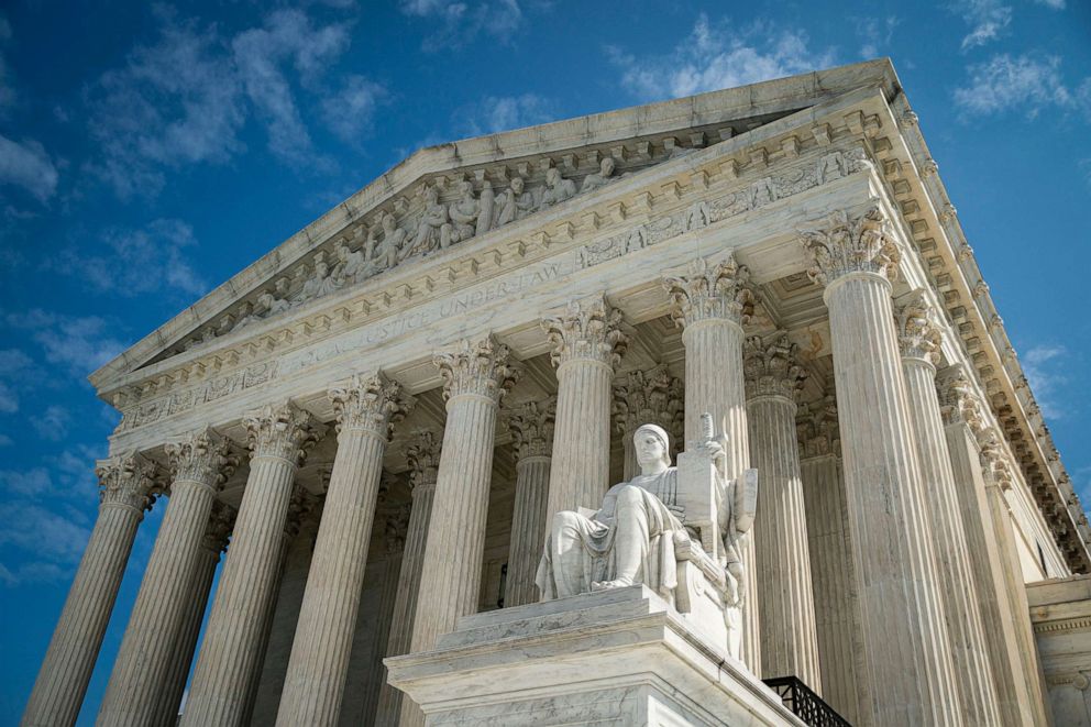 PHOTO: The Guardian or Authority of Law, created by sculptor James Earle Fraser, rests on the side of the U.S. Supreme Court on Sept. 28, 2020, in Washington, D.C.