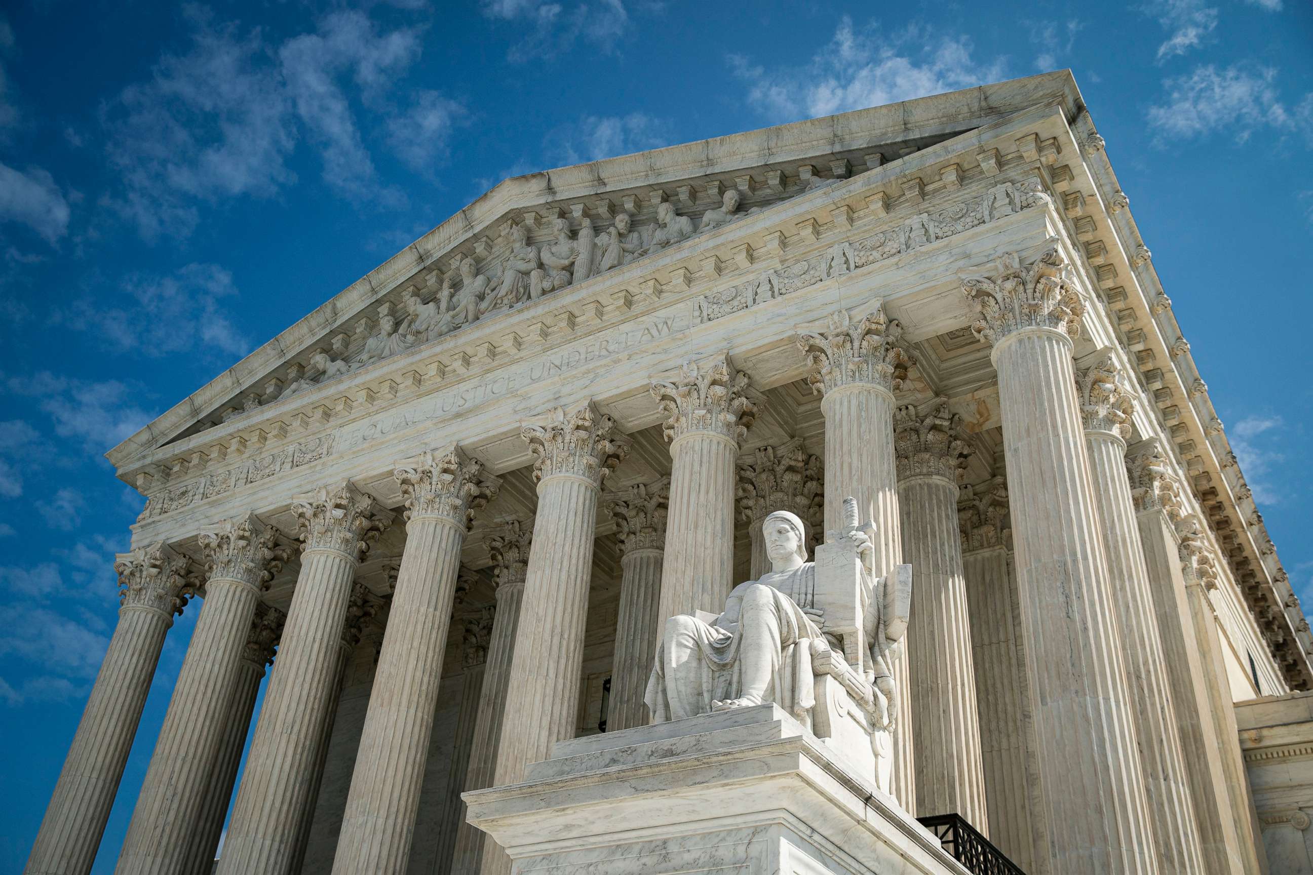 PHOTO: The Guardian or Authority of Law statue sits on the side of the U.S. Supreme Court on Sept. 28, 2020 in Washington, DC.