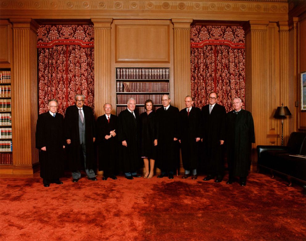 PHOTO: From left to right are Supreme Court Justices Harry Blackmun, Thurgood Marshall, William Brennan, Warren Burger, Sandra O'Connor, Byron White, Lewis Powell, William Rehnquist and John Paul Stevens in 1981.