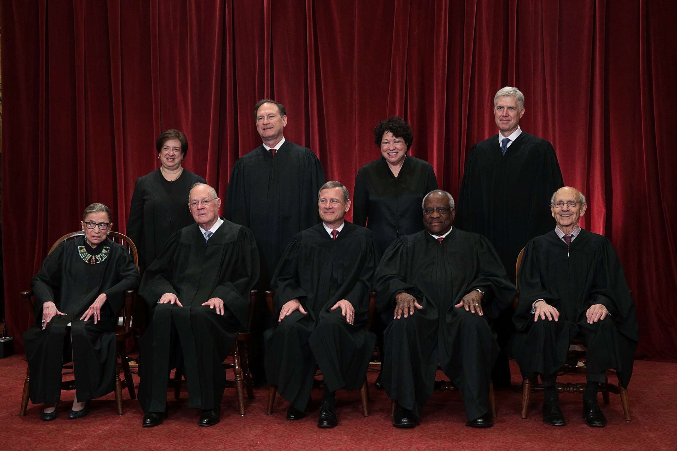 PHOTO: The justices of the U.S. Supreme Court gather for an official group portrait to include new Associate Justice Neil Gorsuch, top row, far right, June 1, 2017, at the Supreme Court Building in Washington, D.C.