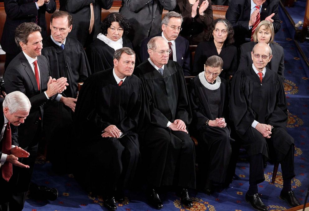 PHOTO: Members of the US Supreme Court listen to President Barack Obama speak to both houses of Congress during his first State of the Union address at the US Capitol, on Jan.  27, 2010, in Washington, DC.