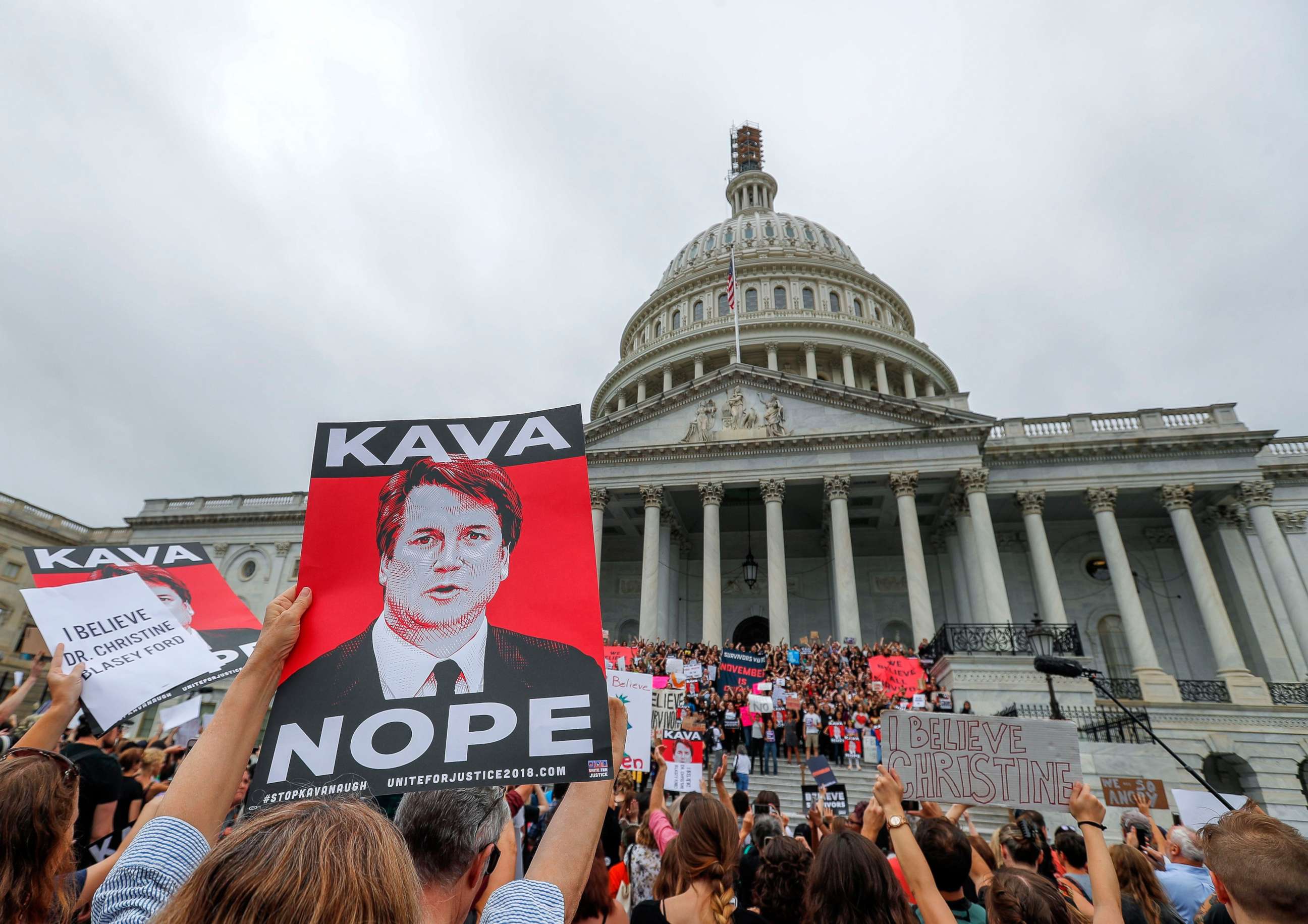 PHOTO: Demonstrators occupy the East steps of the Capitol ahead of the Senate vote on the confirmation of Supreme Court nominee Judge Brett Kavanaugh, Oct. 6, 2018. 