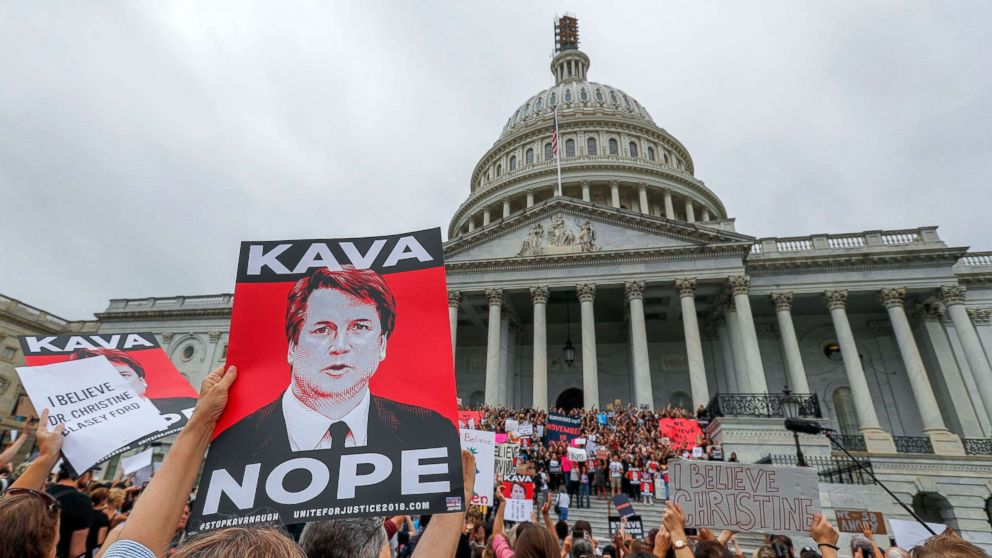 PHOTO: Demonstrators occupy the East steps of the Capitol ahead of the Senate vote on the confirmation of Supreme Court nominee Judge Brett Kavanaugh, Oct. 6, 2018.