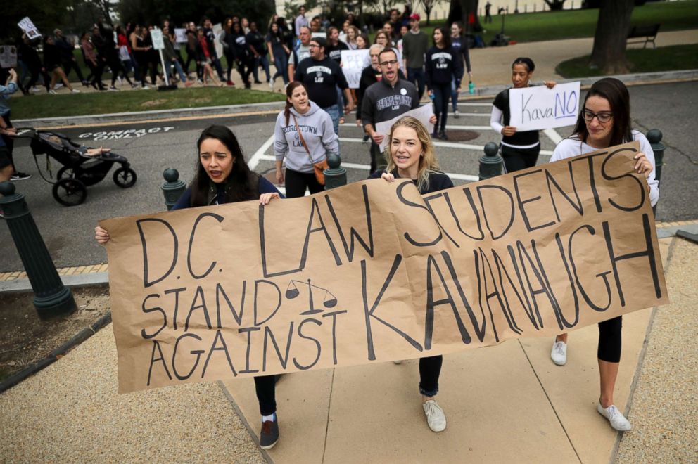 PHOTO: Demonstrators from Washington-area law schools march at the Capitol to protest against the confirmation of Supreme Court nominee Judge Brett Kavanaugh in Washington, D.C., Oct. 6, 2018. 